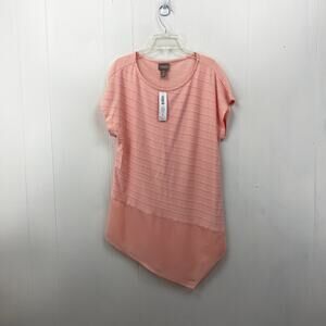 Chico's Womens Blouse Small Peach Asymmetrical Hem Short Sleeve Round Neck New